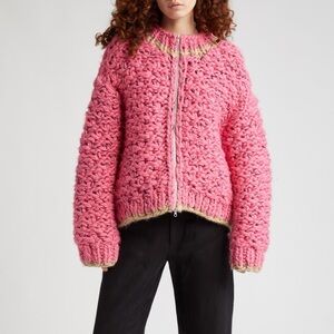 NWT ECKHAUS LATTA Hand Knit Wool & Cotton Bomber Sweater in Hibiscus Medium